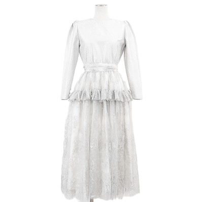 【ヴィンテージ】Christian Dior クリスチャンディオール ロングワンピース BOUTIQUE ブティック レース & チュール コンビネーション ロングスリーブ 長袖 バックボタン ウール混 ドレス ベルト付属 レディース サイズ表記不明 銀系