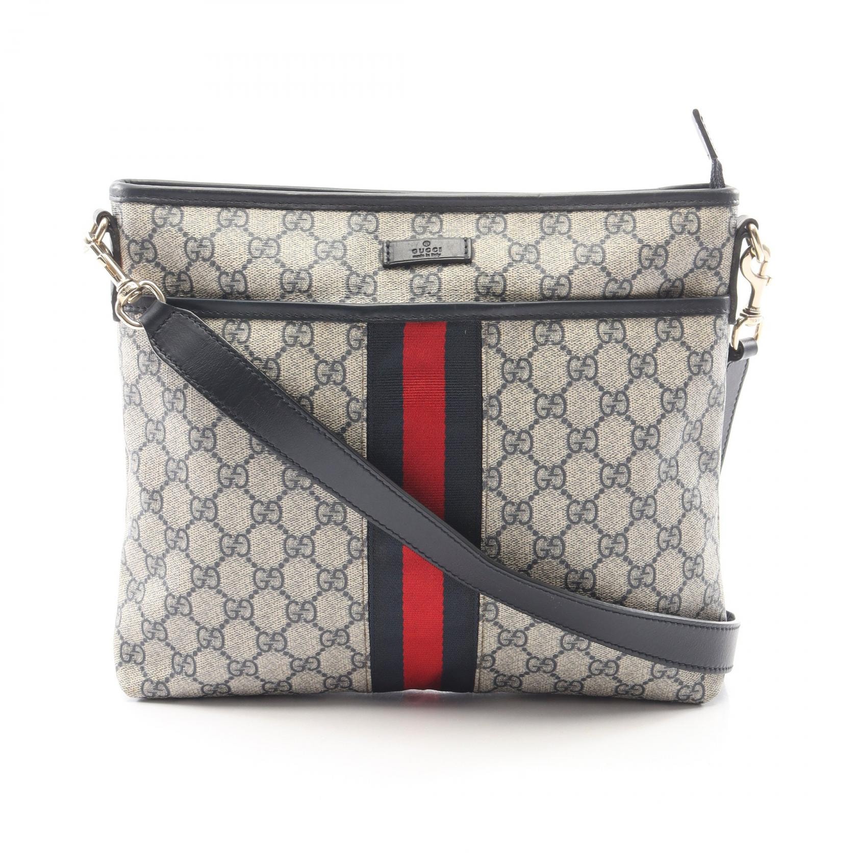 グッチ GUCCI GGスプリーム シェリーライン ショルダーバッグ バッグ PVCコーティングキャンバス レザー レディース ベージュ系 / ネイビー系 388926 【中古】