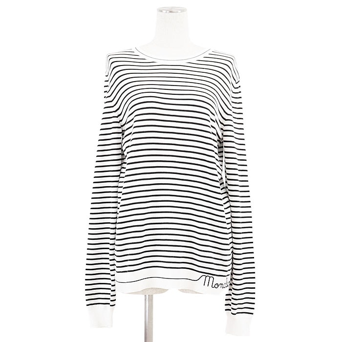 モンクレール 2021年製 GIROCOLLO TRICOT セーター ロゴ エンブロイダリー 刺繍 ボーダー コットン100% ニット レディース オフホワイト ブラック L MONCLER