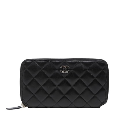 シャネル マトラッセ ラウンドファスナー ジップ ウォレット 長財布 ブラック シルバー金具 ラムスキン レディース CHANEL 【中古】