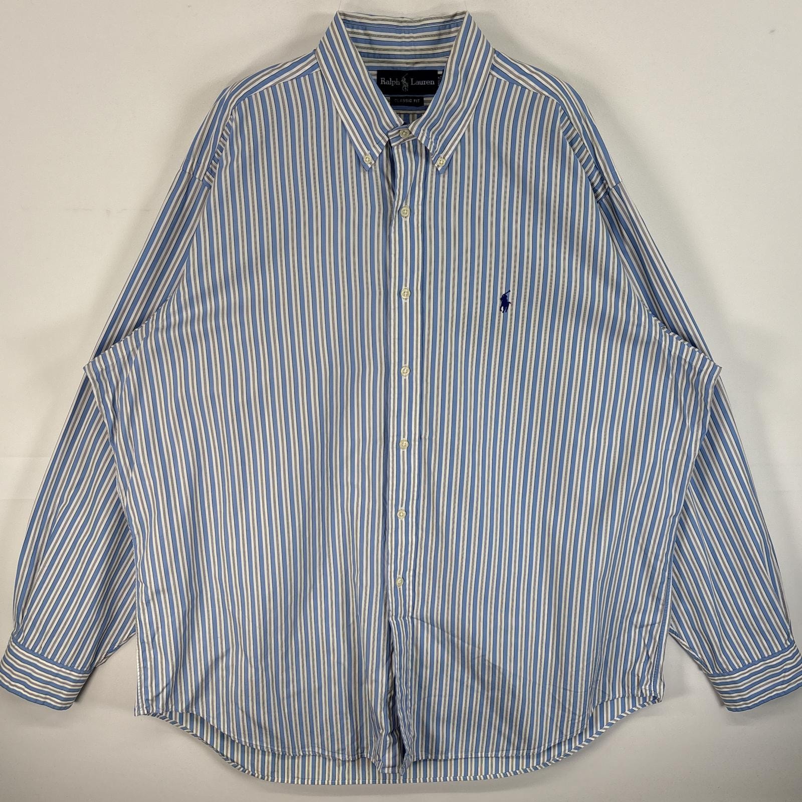 古着 ラルフローレン RALPH LAUREN 長袖シャツ ロゴ 刺繍 大きいサイズ ボタンシャツ 17 1/2 XL  ブルー系 ストライプ メンズ