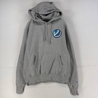 古着 チャンピオン Champion スウェット パーカー ワッペン プルオーバー ロゴ リバースウィーブ M グレー 無地 メンズ