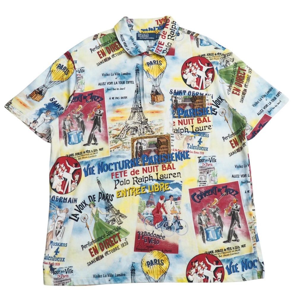 ■美品■2024SS■Polo by Ralph Lauren ポロバイラルフローレン ポロシャツ サイズL/G 半袖 総柄 シャツ トップス PARIS エッフェル塔 ブランド古着【中古】20250715/RA5475