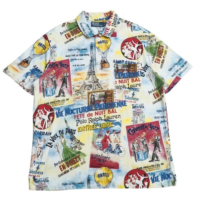 ■美品■2024SS■Polo by Ralph Lauren ポロバイラルフローレン ポロシャツ サイズL/G 半袖 総柄 シャツ トップス PARIS エッフェル塔 ブランド古着【中古】20250715/RA5475