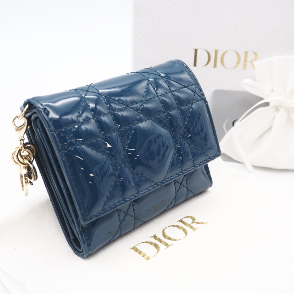 美品 Dior ディオール カナージュ パテントカーフスキン Lady Dior Lotus ウォレット S0181OVRB 三つ折り財布 ブルー レザー パテントレザー レディース