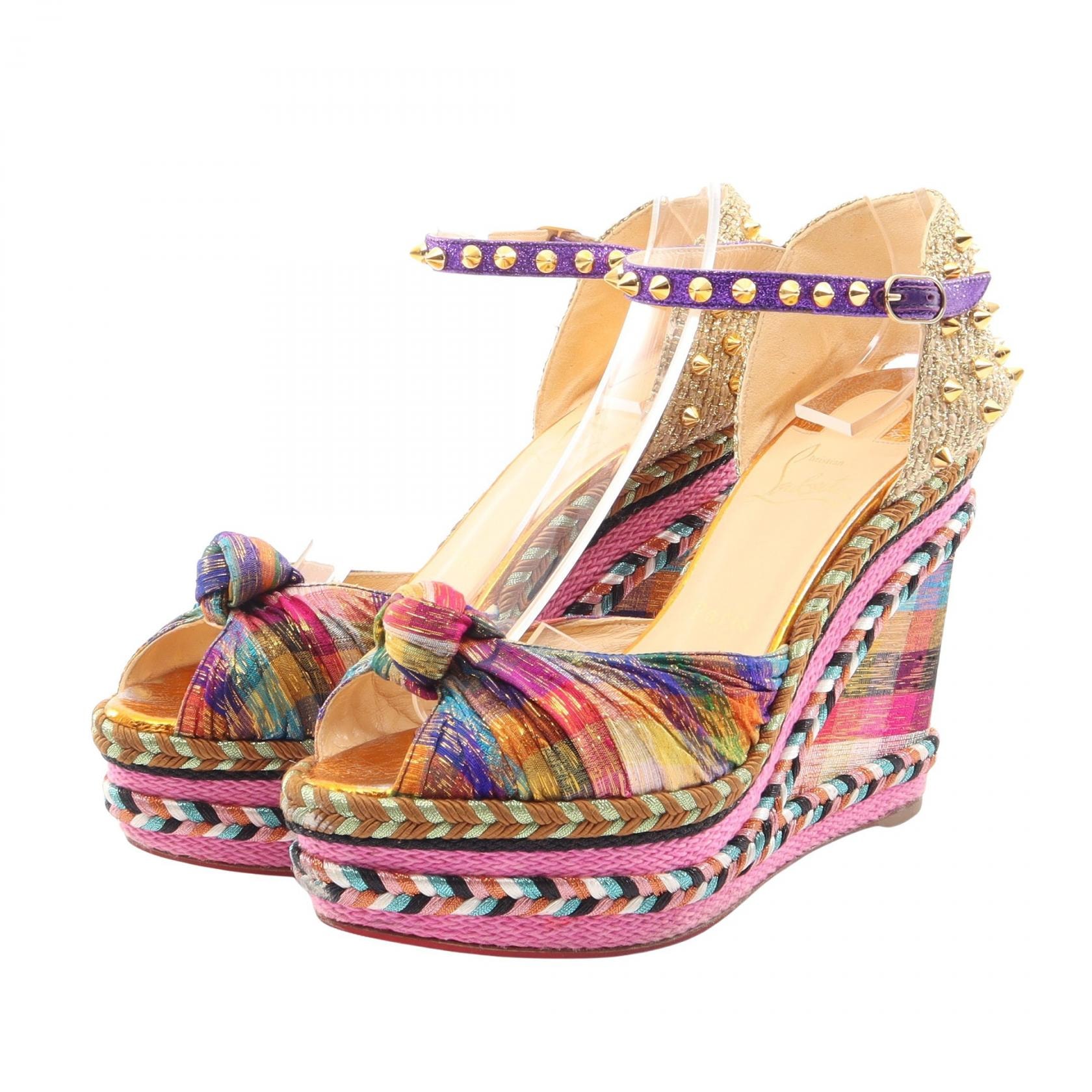 クリスチャンルブタン Christian Louboutin スパイクスタッズ ウェッジソール サンダル 靴 ファブリック / グリッター レディース マルチカラー 【中古】