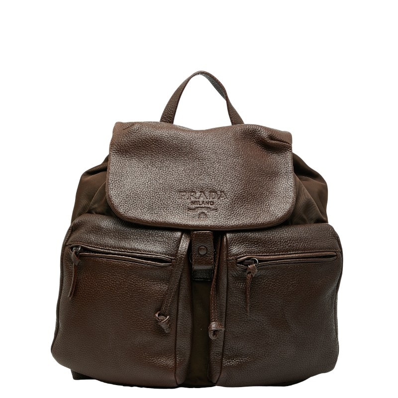 プラダ ロゴ リュック バッグパック ブラウン レザー ナイロン レディース PRADA 【中古】