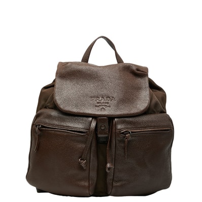 プラダ ロゴ リュック バッグパック ブラウン レザー ナイロン レディース PRADA 【中古】