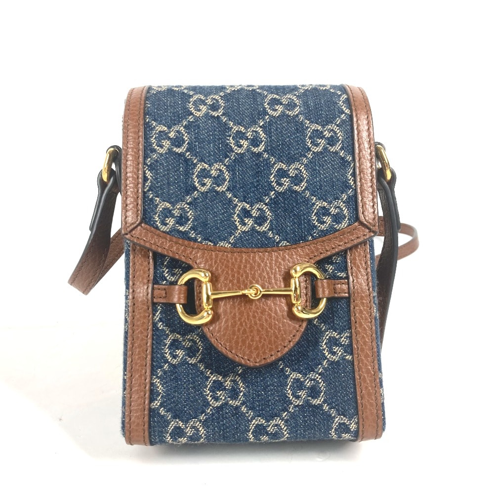 グッチ GUCCI ホースビット 1955 ミニバッグ 625615 GGデニム 肩掛け 斜め掛け ポシェット カバン ショルダーバッグ デニム ブルー×ブラウン 美品