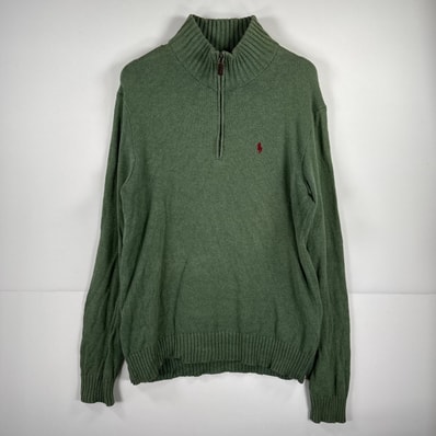 古着 ポロバイラルフローレン Polo by Ralph Lauren 長袖 セーター ハーフジップ ニット ワンポイント リブ襟 M グリーン系 無地 メンズ