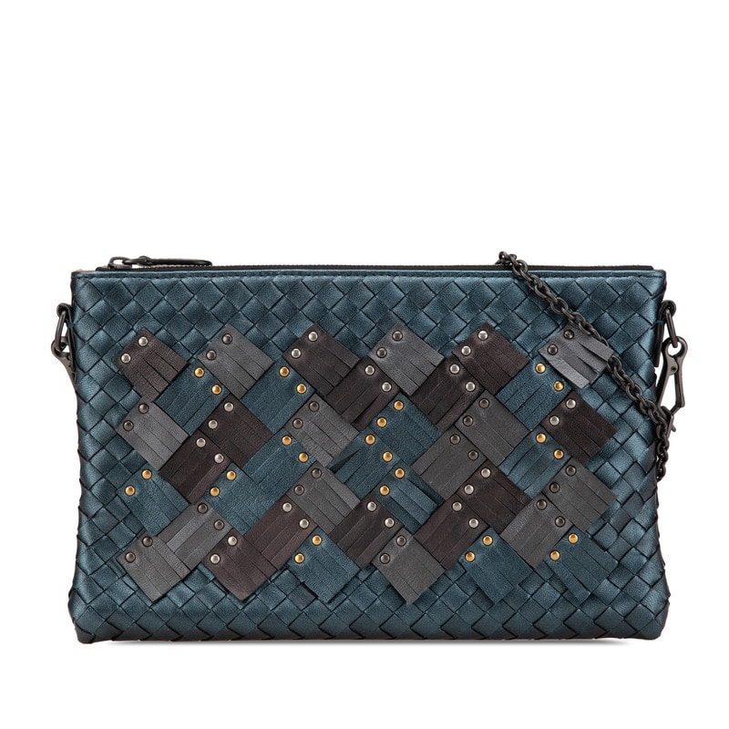 ボッテガヴェネタ イントレチャート スタッズ チェーン ショルダーバッグ ネイビー ブラウン レザー レディース BOTTEGAVENETA 中古