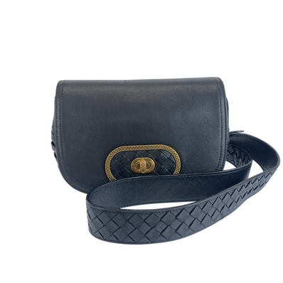 BOTTEGAVENETA ボッテガヴェネタ イントレチャート ブラック ゴールド レザー 斜め掛け ショルダーバッグ 1-0291456 【中古】