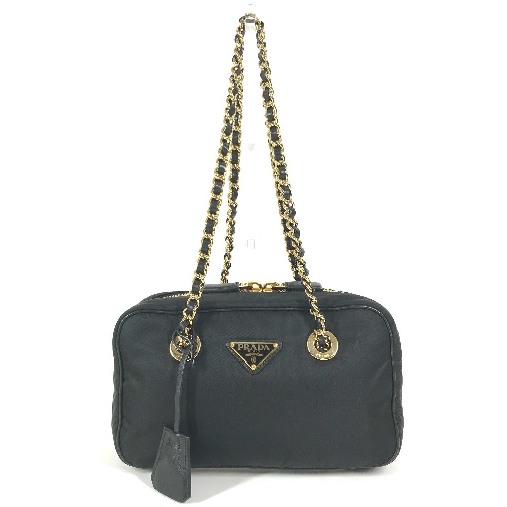 プラダ PRADA トライアングルロゴ 三角ロゴ プレート 1BB121 トートバッグ カバン 肩掛け Wチェーン チェーンバッグ ショルダーバッグ レザー/ナイロン ブラック 美品