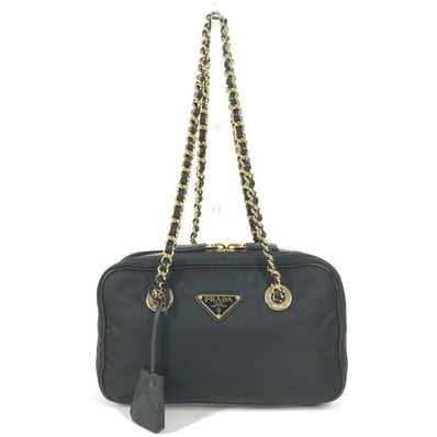 プラダ PRADA トライアングルロゴ 三角ロゴ プレート 1BB121 トートバッグ カバン 肩掛け Wチェーン チェーンバッグ ショルダーバッグ レザー/ナイロン ブラック 美品