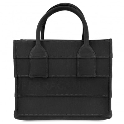 Salvatore Ferragamo サルヴァトーレフェラガモ ハンドバッグ ロゴ ミニトートバッグ キャンバス ブラック 黒 ゴールド金具 レディース 美品【中古品】
