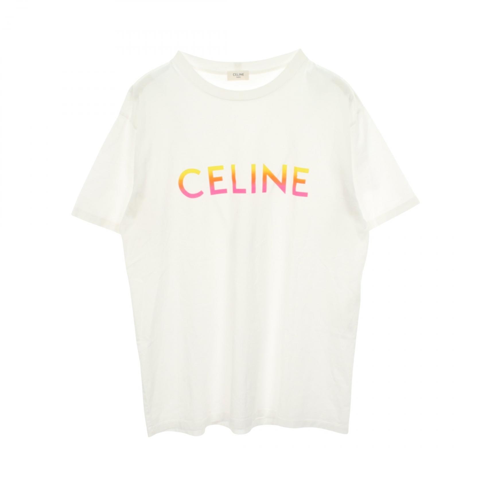 セリーヌ CELINE ロゴプリント クルーネック 半袖Tシャツ 衣料品 トップス コットン メンズ レディース ホワイト系 【中古】