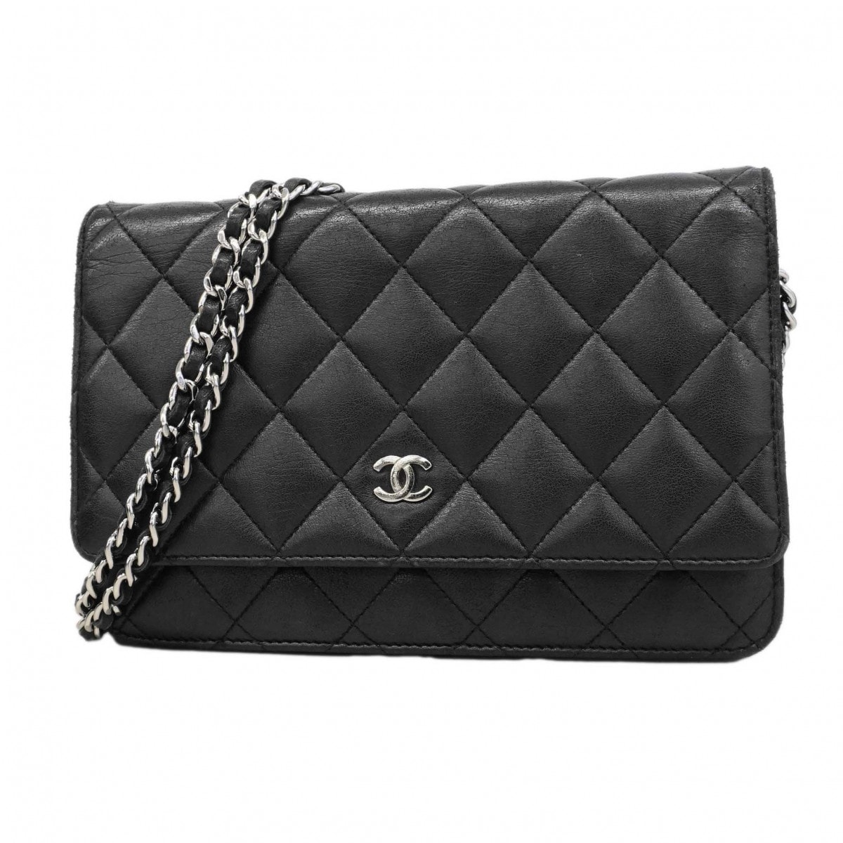 【6dc2794-k】シャネル ショルダーウォレット マトラッセ チェーンショルダー ラムスキン ブラック シルバー金具【中古】レディース