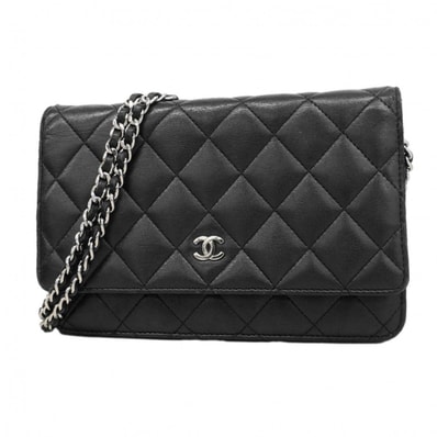 【6dc2794-k】シャネル ショルダーウォレット マトラッセ チェーンショルダー ラムスキン ブラック シルバー金具【中古】レディース