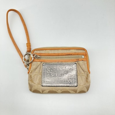 COACH(コーチ) ポピー シグネチャー リストレット シルバーロゴプレート キャンバス×レザー バッグ ベージュ×オレンジ
