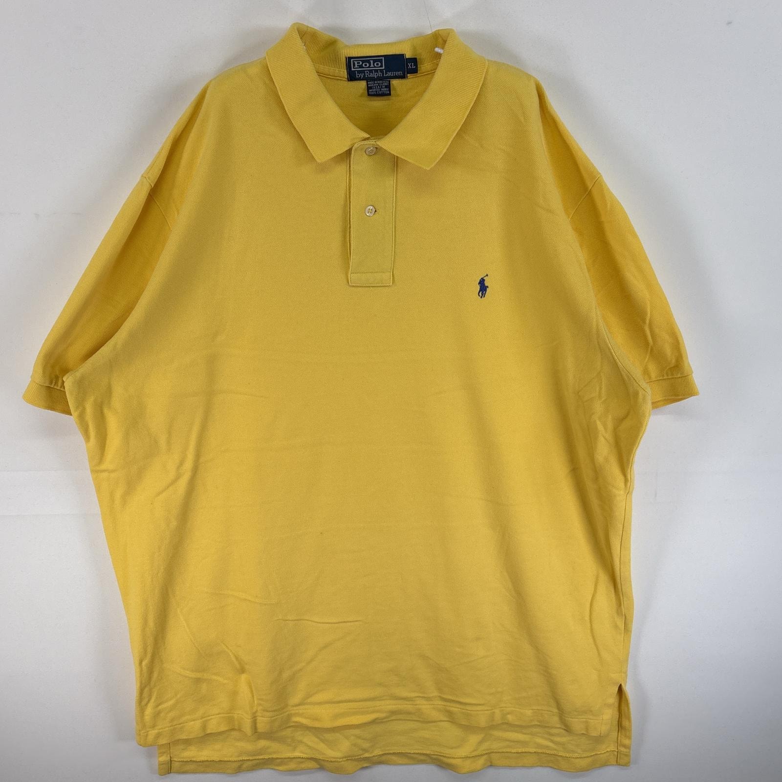 古着 90's/90年代 ポロバイラルフローレン Polo by Ralph Lauren 鹿の子 半袖 ポロシャツ ワンポイント ロゴ 刺繍 大きいサイズ 2ボタン XL  イエロー 無地 メンズ