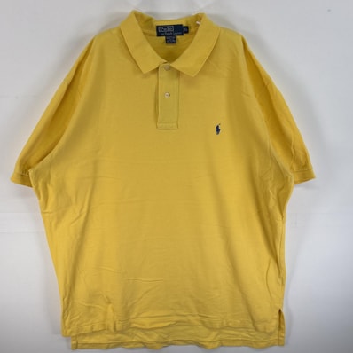 古着 90's/90年代 ポロバイラルフローレン Polo by Ralph Lauren 鹿の子 半袖 ポロシャツ ワンポイント ロゴ 刺繍 大きいサイズ 2ボタン XL イエロー 無地 メンズ