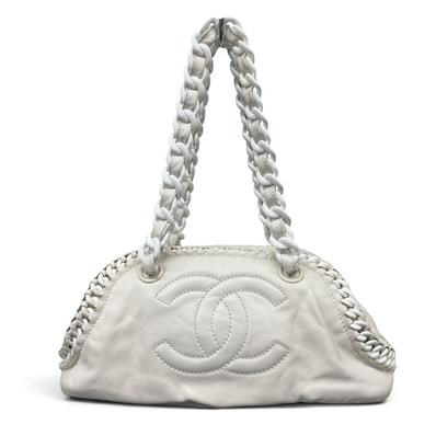 CHANEL 希少 美品 シャネル ラグジュアリーライン プラチェーン ミニボストン ハンドバッグ ラムスキン レザー プラスチック 12番台シリアル ブティックシール付 ホワイト Y2K デカココマーク ボーリングバッグ ABランク 鑑定済 中古