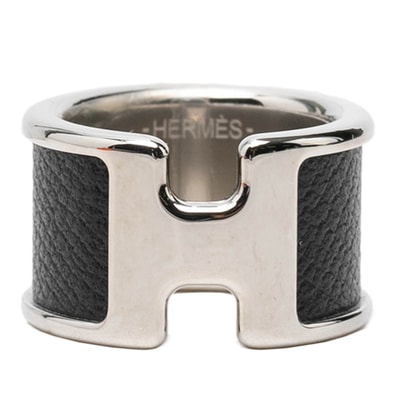 エルメス オランプGM リング 指輪 サイズ:XS シルバー ブラック メタル レザー レディース HERMES 中古