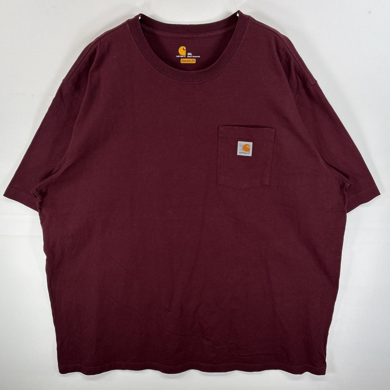 古着 カーハート Carhartt 半袖Tシャツ 肉厚 ワンポイント ロゴ 胸ポケ 3XL  ワインレッド 無地 メンズ