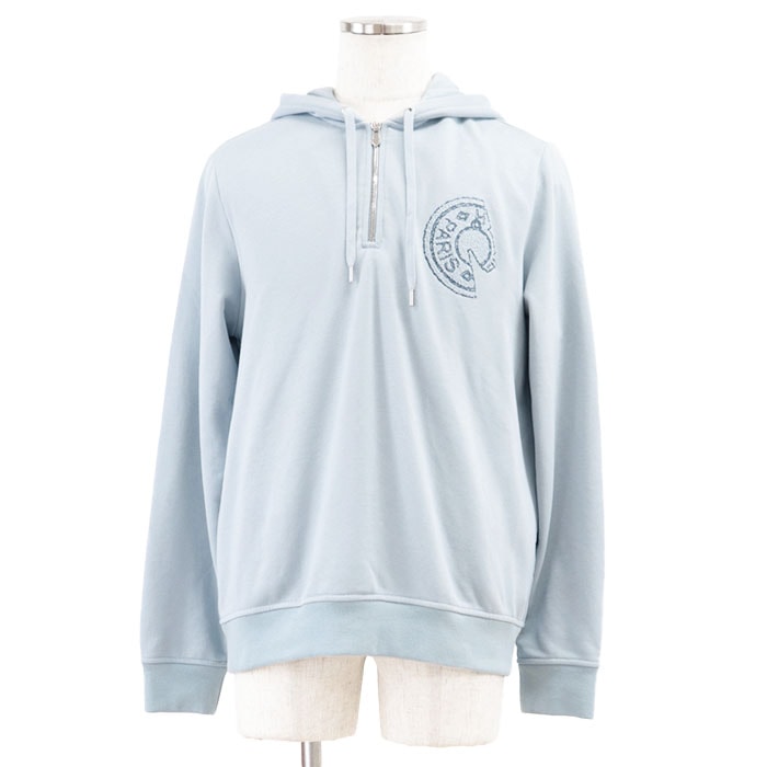 美品 エルメス プルオーバー ハーフジップ パーカー フレンチテリー クルードセル 刺繍 エンブロイダリー スウェット メンズ ブルーグラシエ M HERMES