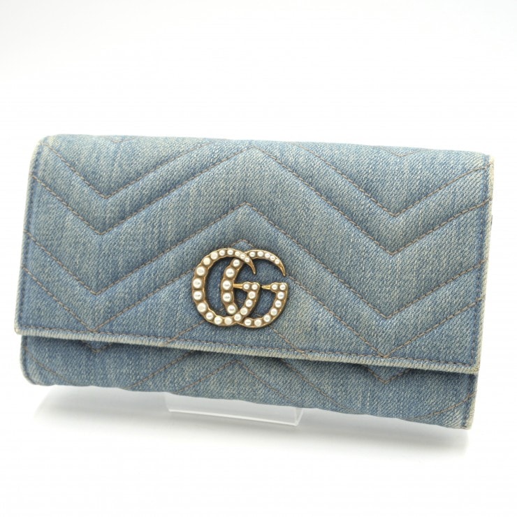 GUCCI(グッチ)GGマーモント ヴィンテージ 長財布 デニム ライトブルー パールGG ゴールド金具 レディース【中古】