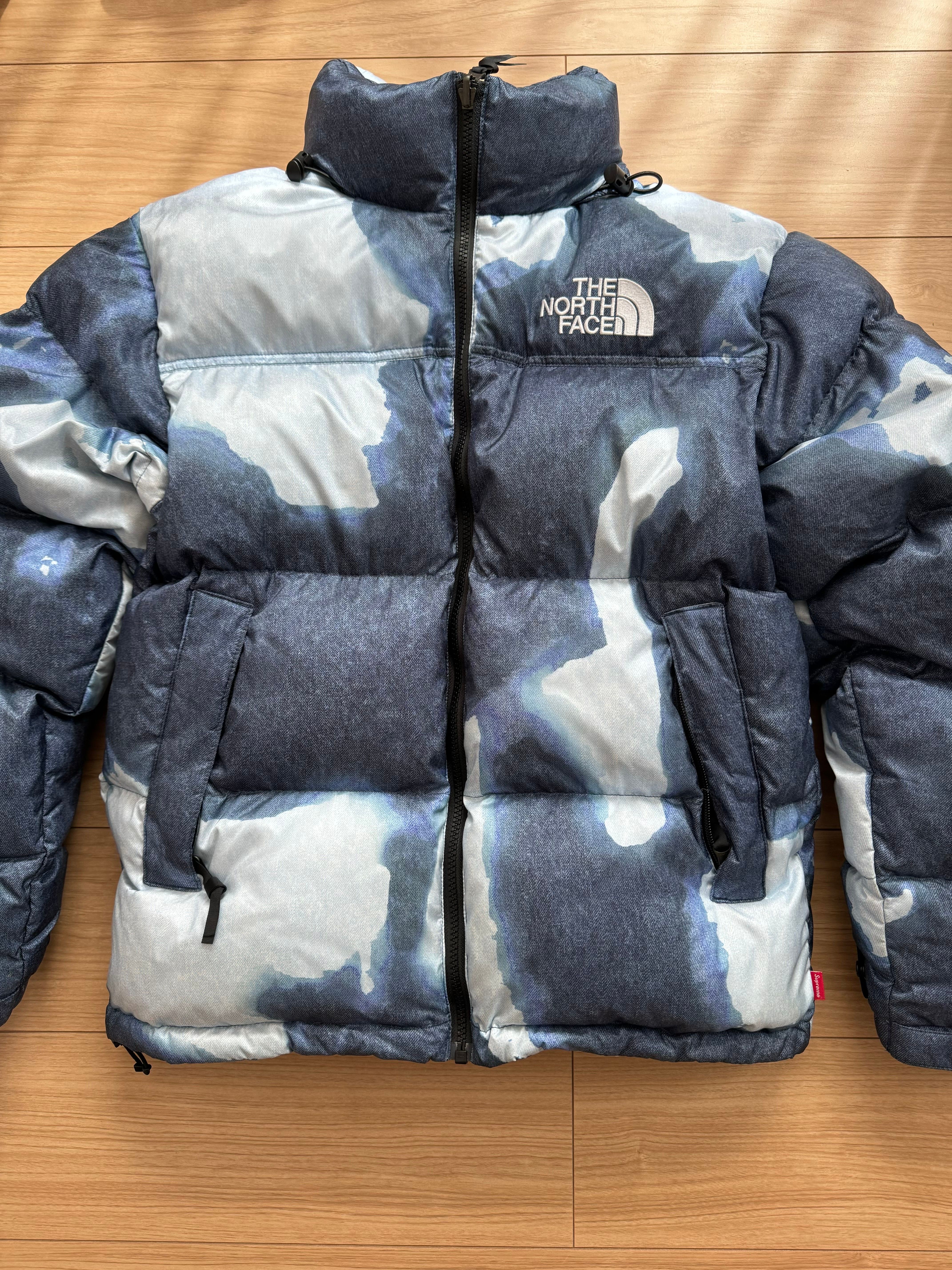 Supreme x The North Face Bleached Denim Print Nuptse Jacket "Indigo"