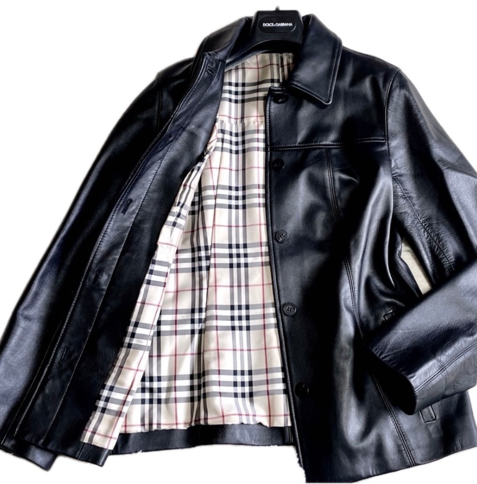 美品 BURBERRY バーバリー 比翼 ノバチェック 羊革 レザージャケット