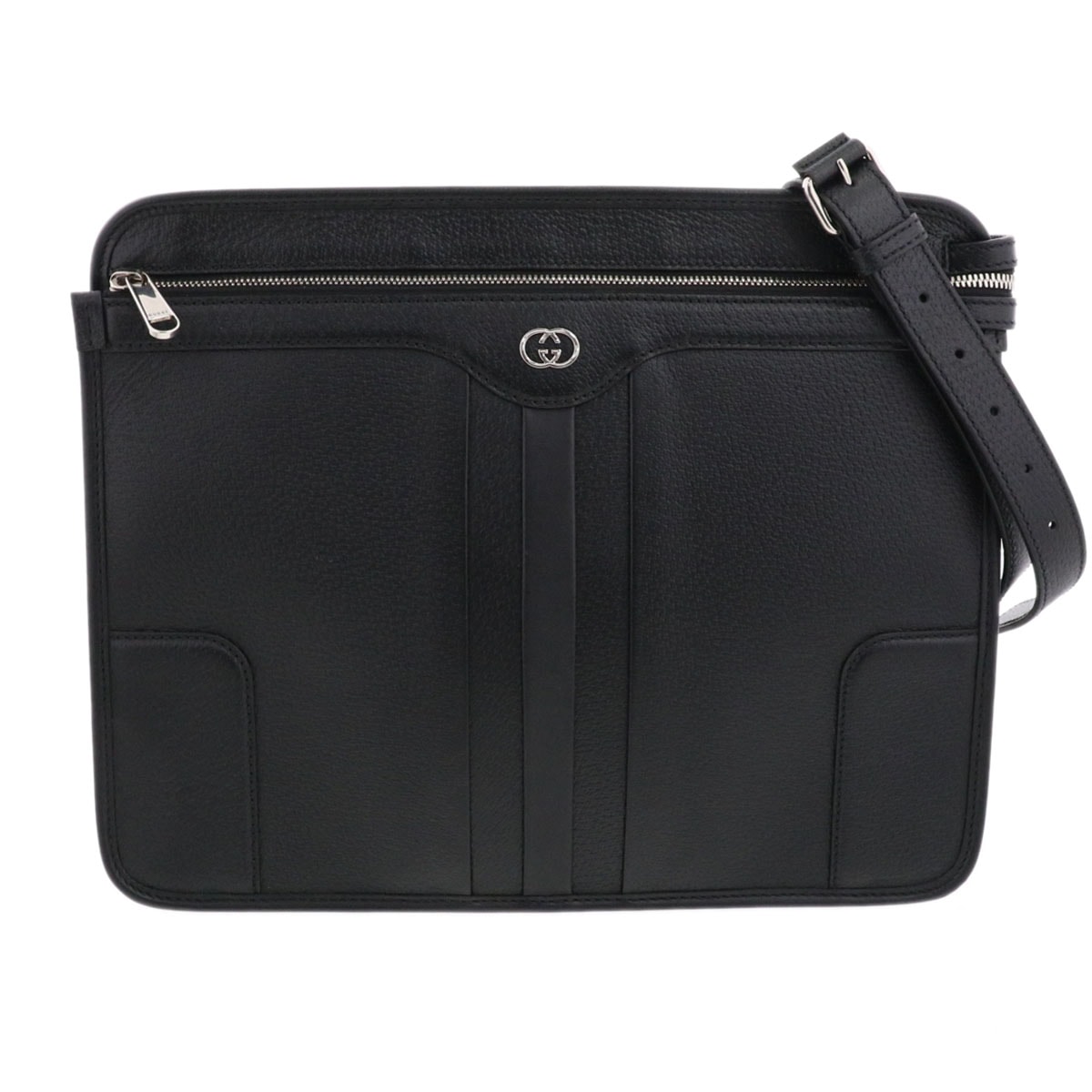 GUCCI グッチ インターロッキングG メッセンジャーバッグ ショルダーバッグ 735111 レザー ブラック シルバー金具  メンズ【中古】
