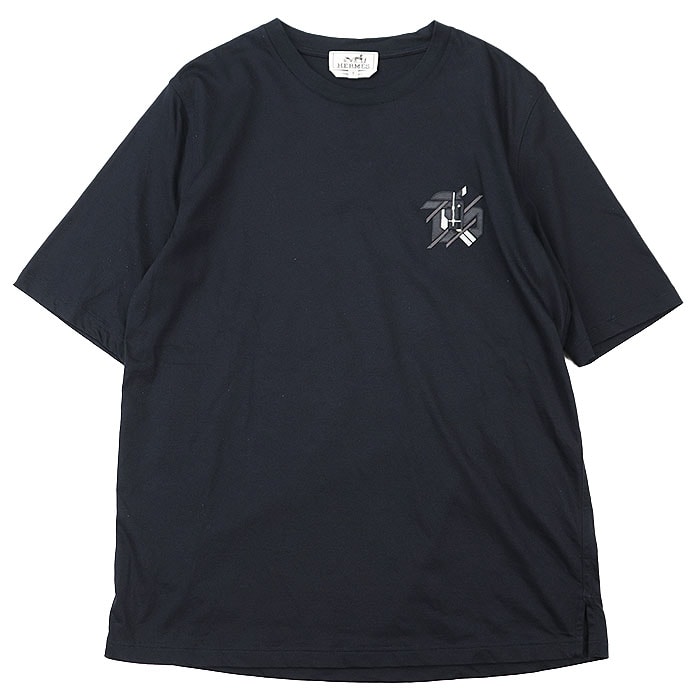 【美品】 エルメス 2023SS Tシャツ ラムレザー ワッペン コットン100% 半袖Tシャツ メンズ ダークネイビー S HERMES