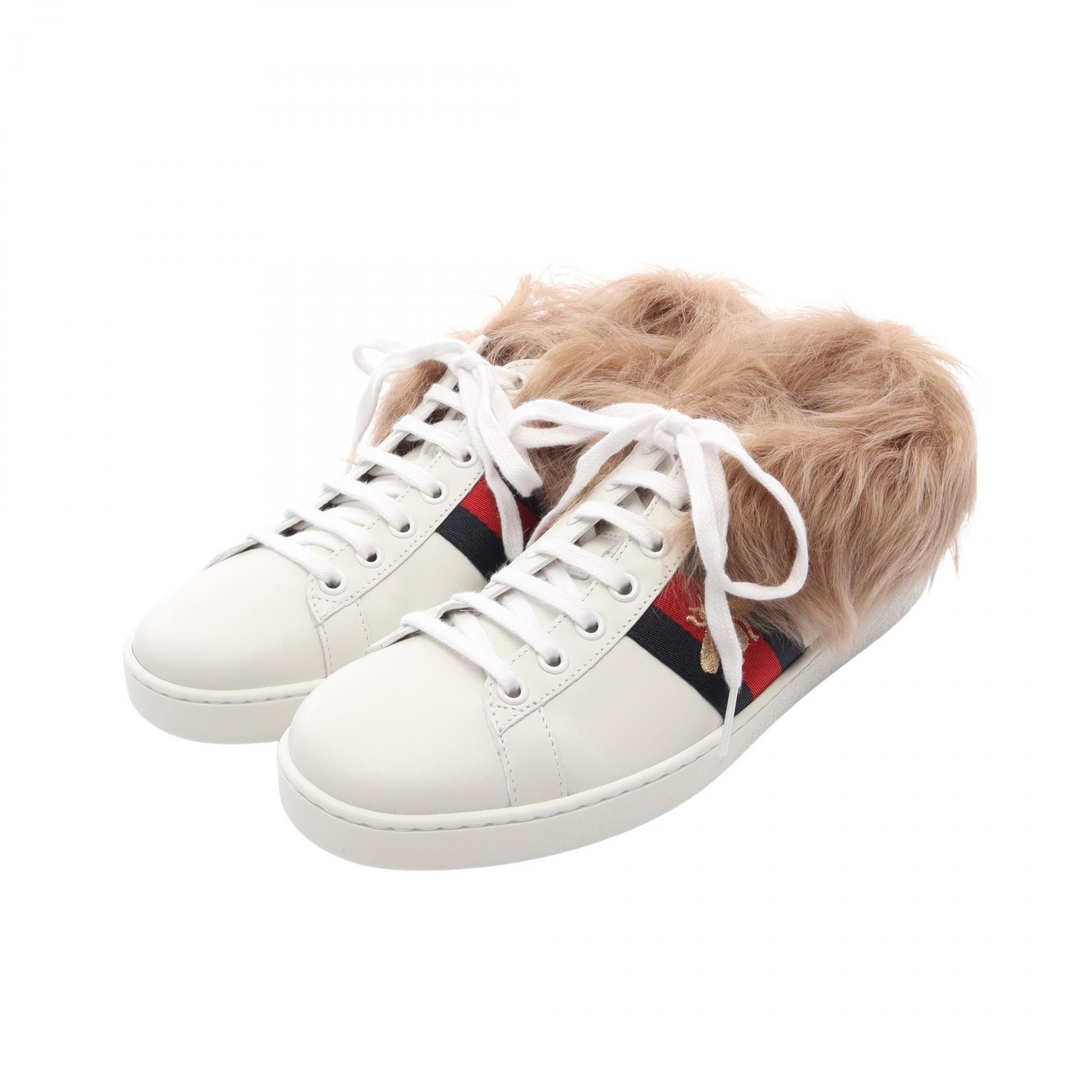 グッチ GUCCI Ace エース ファー スニーカー 靴 レザー レディース ホワイト系 / ベージュ系 / マルチカラー 496093 【中古】