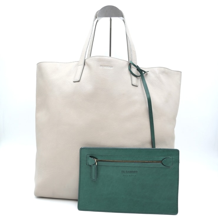 JIL SANDER(ジルサンダー)レザートートバッグ ポーチ付き トートバッグ ベージュ バイカラー レディース イタリア製【中古】