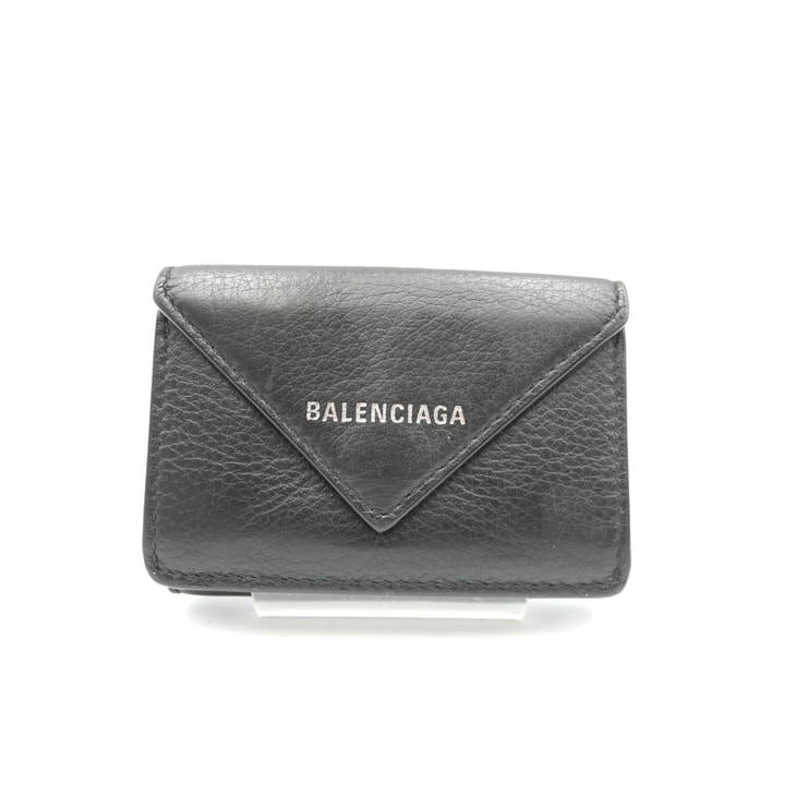 BALENCIAGA(バレンシアガ)ペーパー ミニウォレット 三つ折り財布 コンパクトウォレット ブラック レザー シルバー金具 レディース【中古】