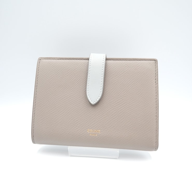 CELINE(セリーヌ)ミディアム ストラップウォレット 二つ折り財布 グレージュ系 レザー バイカラー ゴールド金具 レディース【中古】