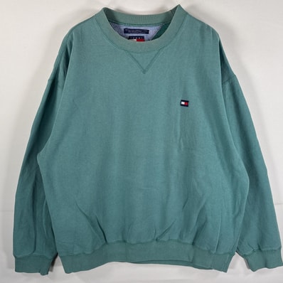 古着 90's/90年代 トミーヒルフィガー TOMMY HILFIGER スウェット ワンポイントロゴ刺繍 フラッグタグ 両Vガゼット L グリーン系 メンズ