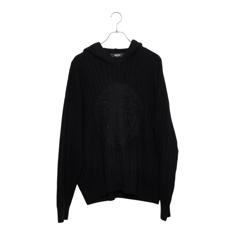 ヴェルサーチェ メデューサ ケーブル ニット パーカー プルオーバー サイズ50 ブラック ウール コットン メンズ VERSACE 【中古】
