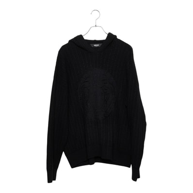 ヴェルサーチェ メデューサ ケーブル ニット パーカー プルオーバー サイズ50 ブラック ウール コットン メンズ VERSACE 【中古】