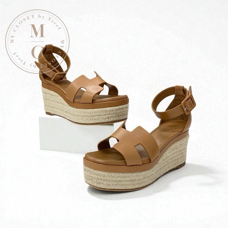 エルメス HERMES エルダ サンダル 靴 シューズ レザー ブラウン ウェッジソール エスパドリーユ ストラップ