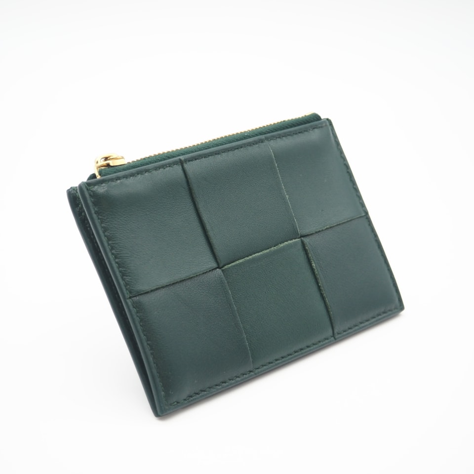 美品 BOTTEGAVENETA ボッテガヴェネタ マキシイントレチャート カセット ファスナーカードケース グリーン 765460 カードケース グリーン レザー メンズ
