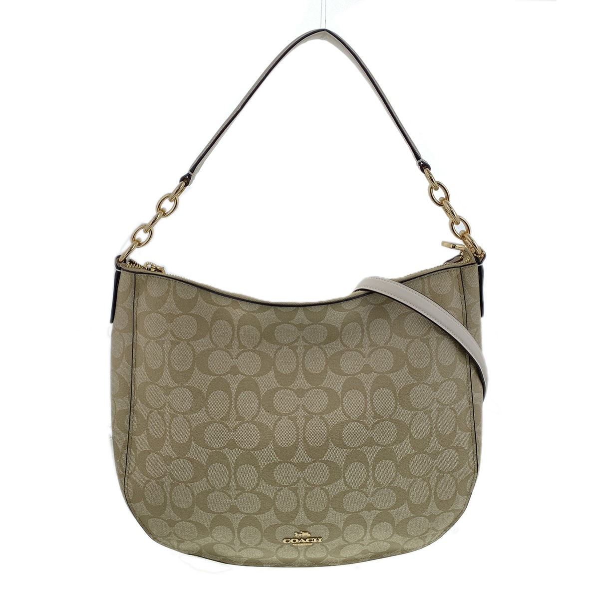 【値下げ】 COACH コーチ 2WAY シグネチャー エル ホーボー ショルダーバッグ F39527 PVCコーティングキャンバス レザー ベージュ ホワイト  レディース【中古】