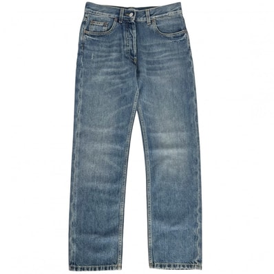 PRADA プラダ パンツ トライアングルロゴ ボトムス アパレル 服 GFP469 ブルー 青 シルバー金具 レディース 美品【中古品】