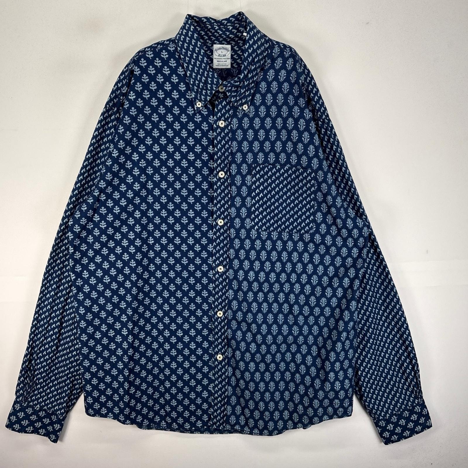 古着 ブルックスブラザーズ Brooks Brothers 長袖シャツ ボタンダウン 胸ポケ 植物 L  ネイビー系 総柄 メンズ