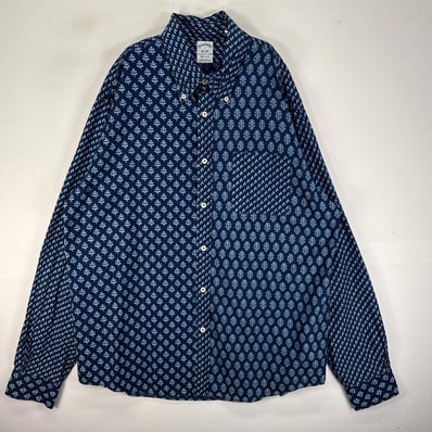 古着 ブルックスブラザーズ Brooks Brothers 長袖シャツ ボタンダウン 胸ポケ 植物 L ネイビー系 総柄 メンズ