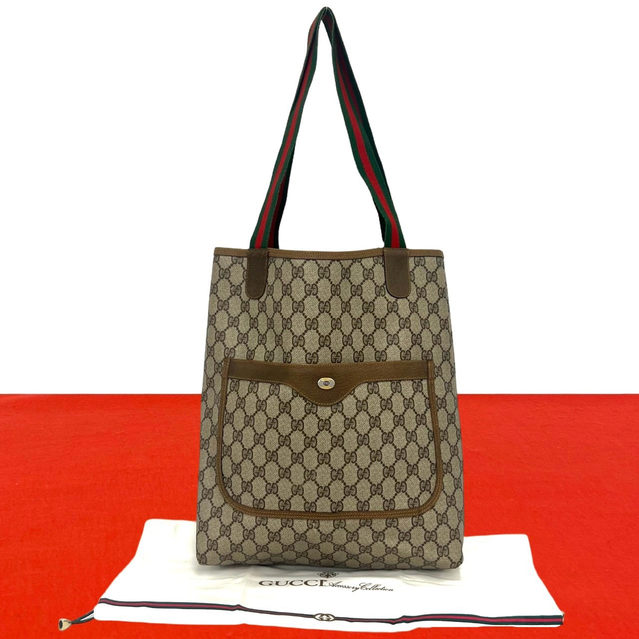 GUCCI グッチ GG 柄 ロゴ シェリーライン レザー PVC トートバッグ ブラウン
 21550