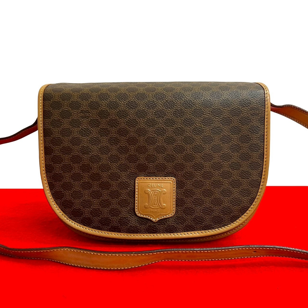 CELINE セリーヌ マカダム ブラゾン ロゴ 柄 レザー PVC ショルダーバッグ ブラウン
 11371