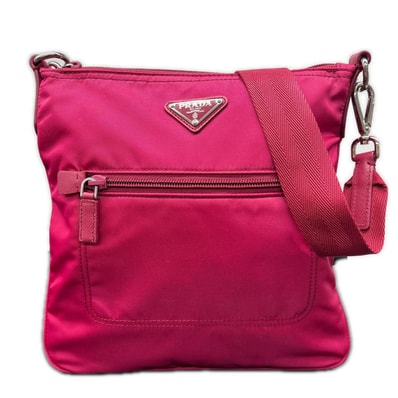 PRADA 希少 美品 プラダ TESSUTO ショルダーバッグ テスートナイロン BT0716 IBISCO ナイロン レザー ピンク ポシェット クロスボディ ABランク 鑑定済 中古 プラダバッグ